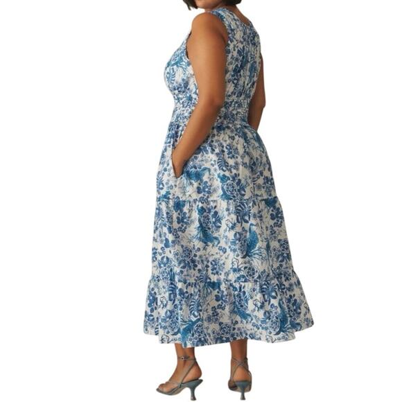 ANTHROPOLOGIE Sleeveless Poplin Smocked Midi Dress Floral Blue White - 3X NWT - Picture 2 of 3